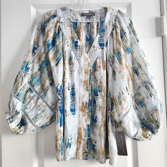Sharagano Blue Watercolor Blouse with Puff Sleeves size Small - Picture 1 of 4